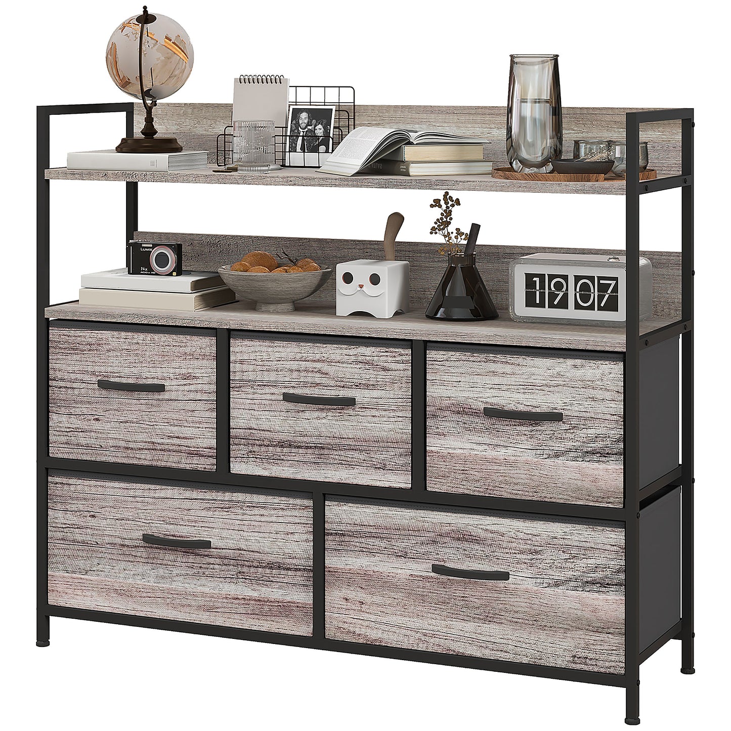 Retro Style Rustic Chest of Five Fabric Drawers - Grey Wood Effect