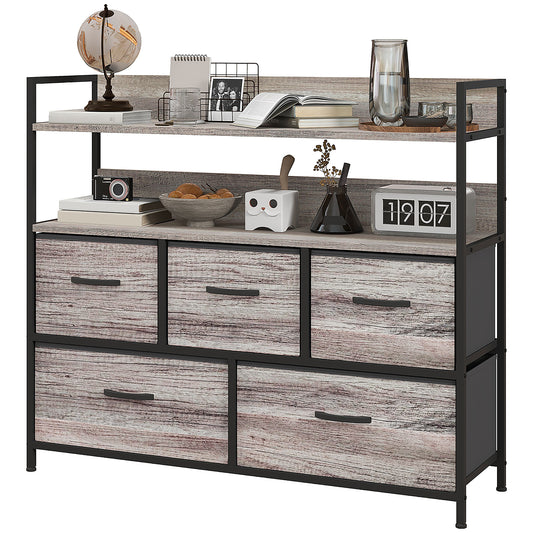 Retro Style Rustic Chest of Five Fabric Drawers - Grey Wood Effect