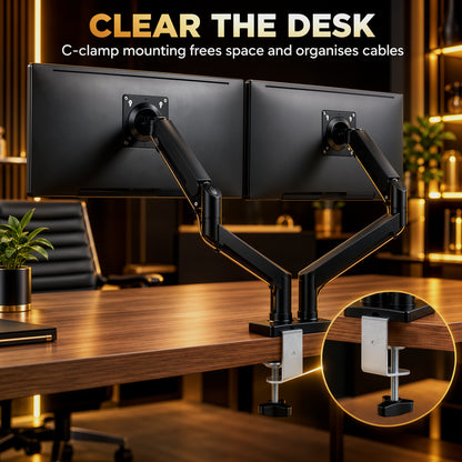 Dual Monitor Arms | 2 Screens up to 32 Inch | Gas Spring Height Adjustment, Tilt & 360° Rotation | 20kg Capacity | Black Steel