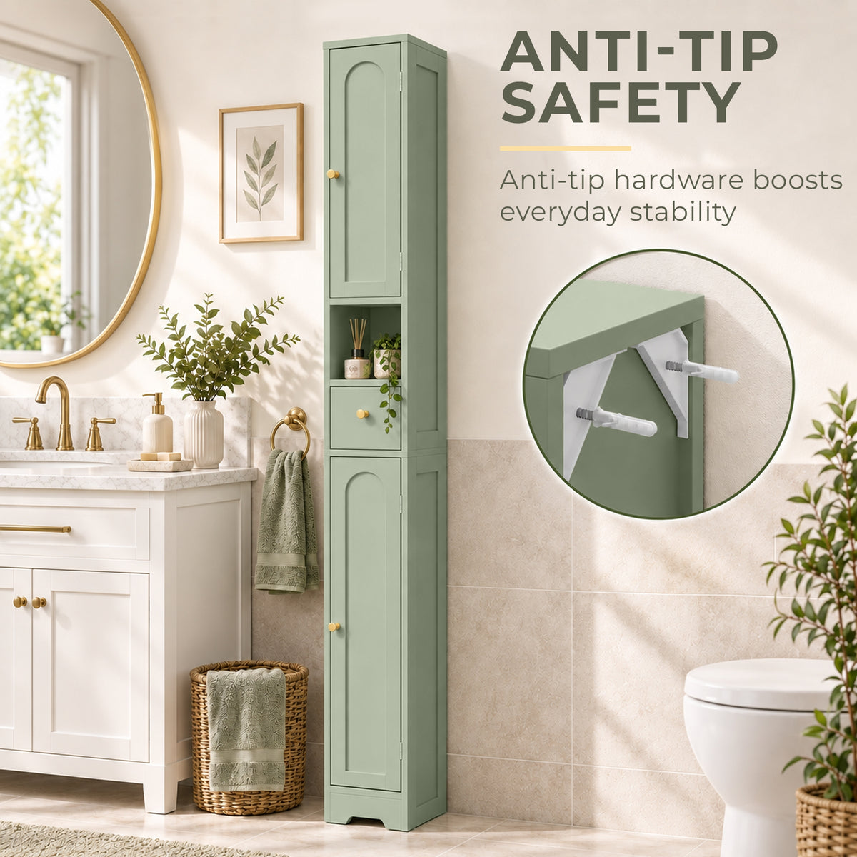 Slim Tall Bathroom Cabinet | 185H x 20W x 20D cm | 2 Arched Doors, Drawer & Adjustable Shelves | Light Green