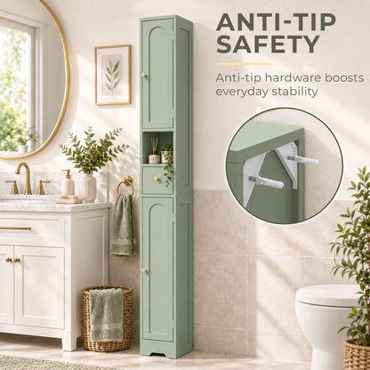 Slim Tall Bathroom Cabinet | 185H x 20W x 20D cm | 2 Arched Doors, Drawer & Adjustable Shelves | Light Green