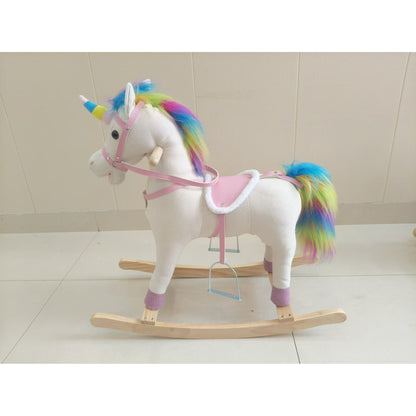 Kids Rocking Horse Unicorn with Sound Button | Wide Anti-Tip Base & Rocking Stoppers | Head Handles | Fixed Wood Footrests | Faux Linen & PP Cotton | 25kg Max | 71x30x68cm | Ages 12–36 Months | Cream