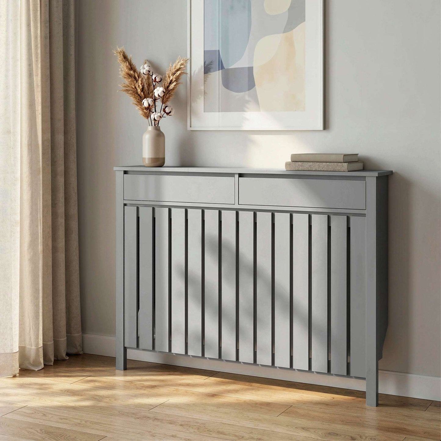 MDF & Particle Board Radiator Cover with 2 Drawers | Vertical Slats | Flat Top Display Surface | Wall Mountable | Pre-Cut Outs | 18kg Capacity | 119x19x93cm | Grey