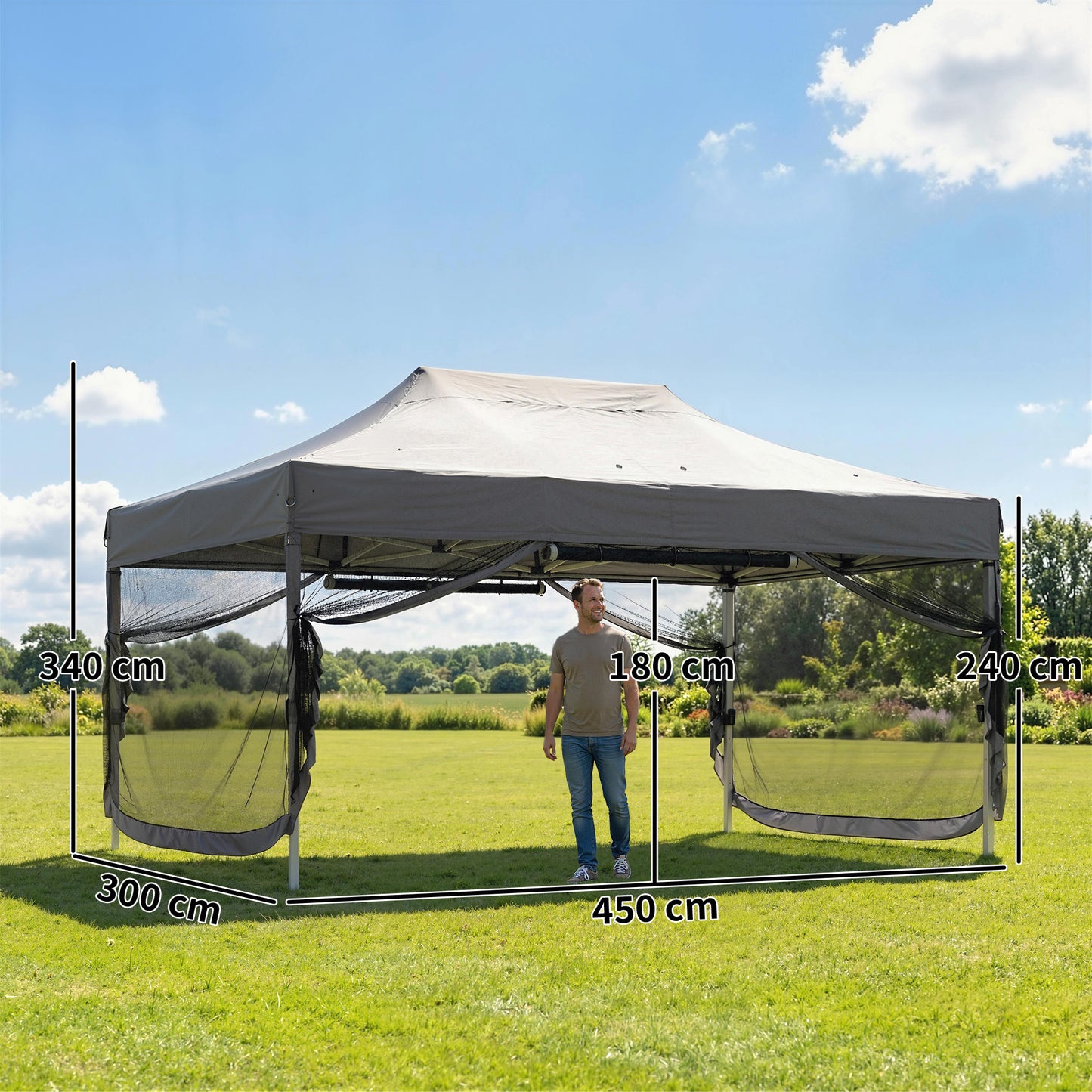 3x4.5m Pop Up Gazebo | UPF50+ 420D Oxford Roof | 4 Removable Mesh Sides | 3 Height Settings | Full Stability Kit | Wheeled Carry Bag | Dark Grey