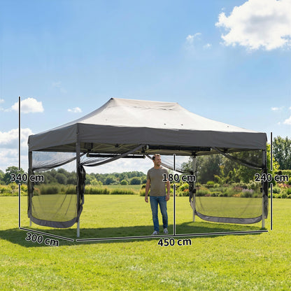 3x4.5m Pop Up Gazebo | UPF50+ 420D Oxford Roof | 4 Removable Mesh Sides | 3 Height Settings | Full Stability Kit | Wheeled Carry Bag | Dark Grey