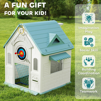AIYAPLAY 5-in-1 Playhouse for Kids Outdoor Indoor with Basketball Hoop, Football Goal, Dartboard, Ring Toss for 2-5 Years, Beige / Pink
