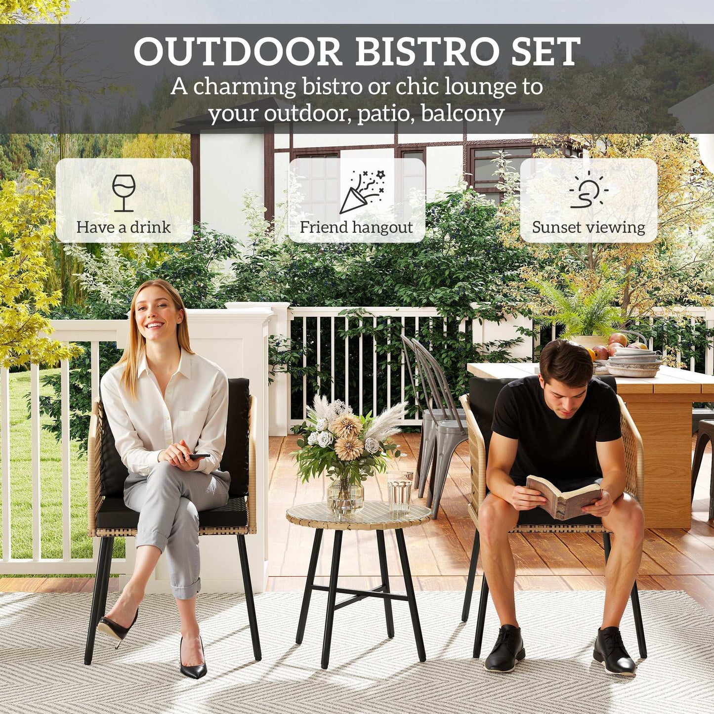 Outsunny 3 Piece Rattan Bistro Set with 2 Chairs, Tempered Glass Table, Cushions, Adjustable Foot Pads, Nature Wood Finish