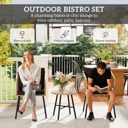 Outsunny 3 Piece Rattan Bistro Set with 2 Chairs, Tempered Glass Table, Cushions, Adjustable Foot Pads, Nature Wood Finish