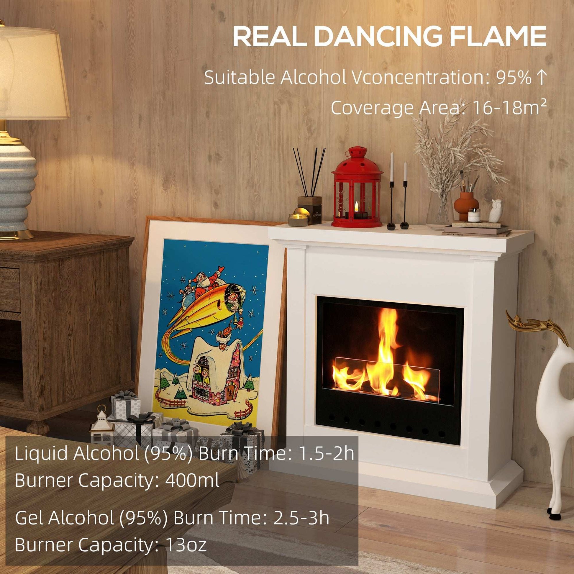 Gel and Ethanol Fireplace Stove, Modern Bioethanol Fire, Indoor Ethanol Burner with 1.2 Litres (39oz) Volume, Burns for Up to 3 Hours, 26 Inch, White