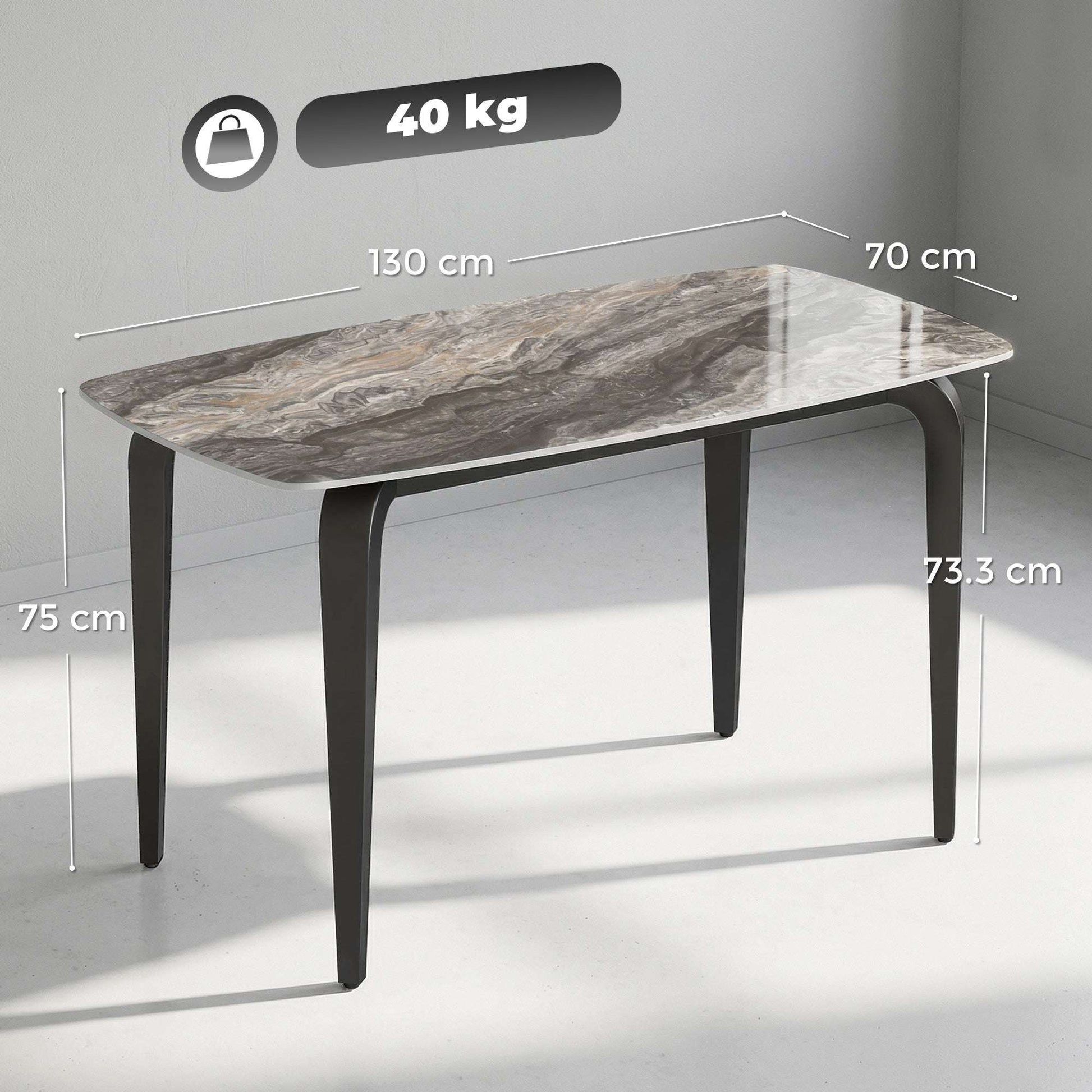 Sintered Stone Dining Table | 4 Seater | 130x70x75cm | Heat & Scratch Resistant | Stain-Resistant | Metal Legs | Adjustable Feet | Brown