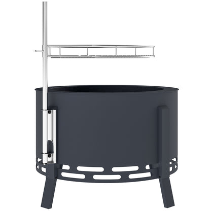 Portable Fire Pit, 58 cm Round Firepit with Grill Grate, Fire Bowl with Ash Catcher and Poker, Fire Pit BBQ for Garden Camping Bonfire Picnic, Black