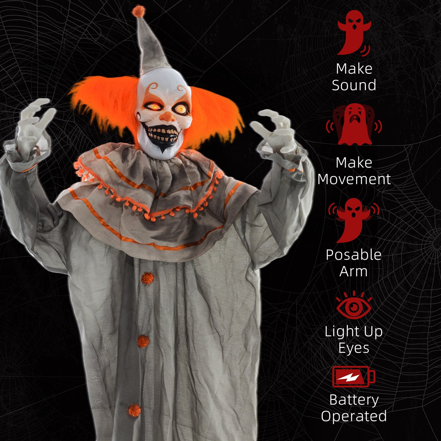 183cm 72" Orange Classic Clown Outdoor Halloween Decoration, Halloween Animatronic with Sound Activated, Light Up Eyes, Sound Effects, Animated Prop for Haunted House