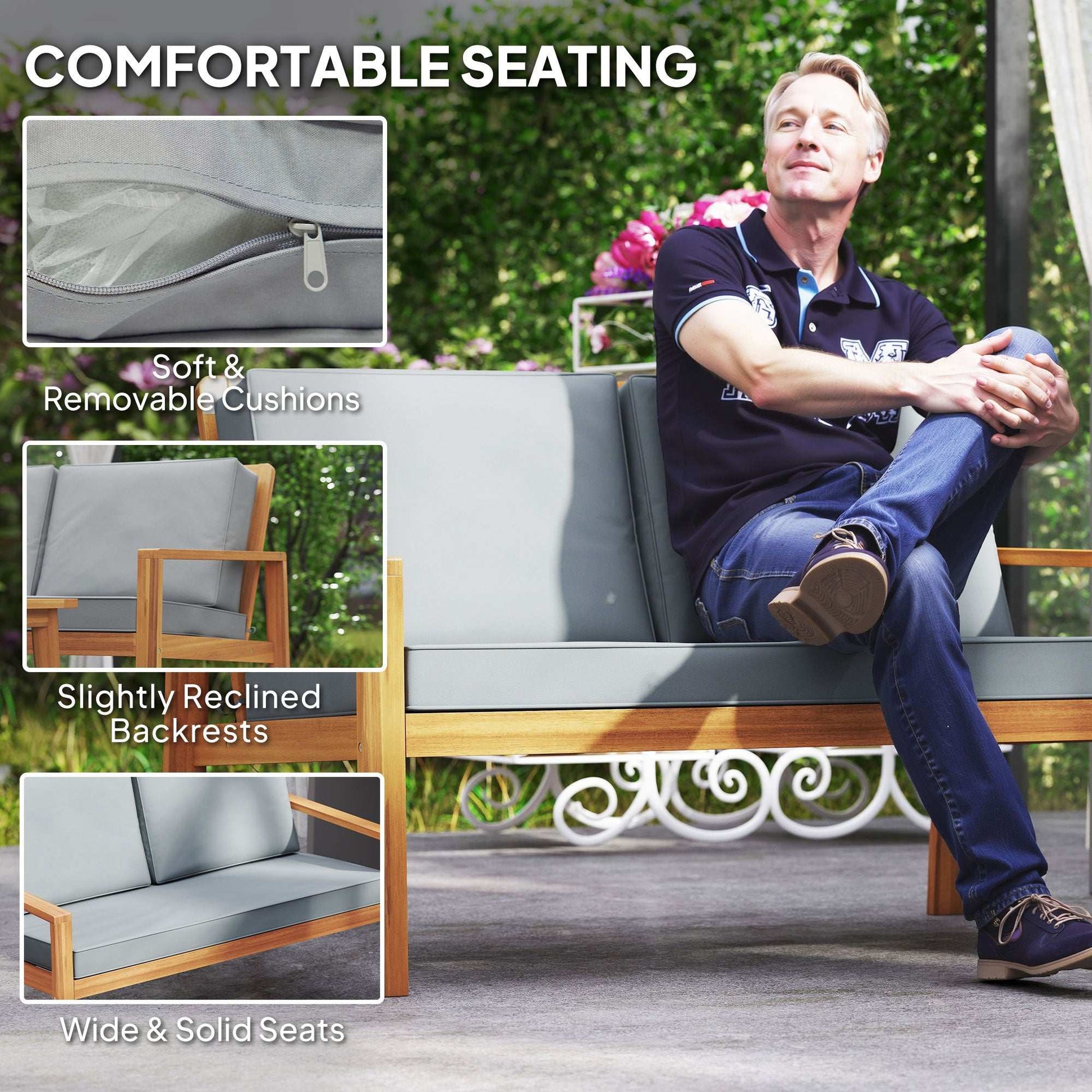 Outsunny 4-Piece Acacia Wooden Garden Furniture Set with Cushions - Teak