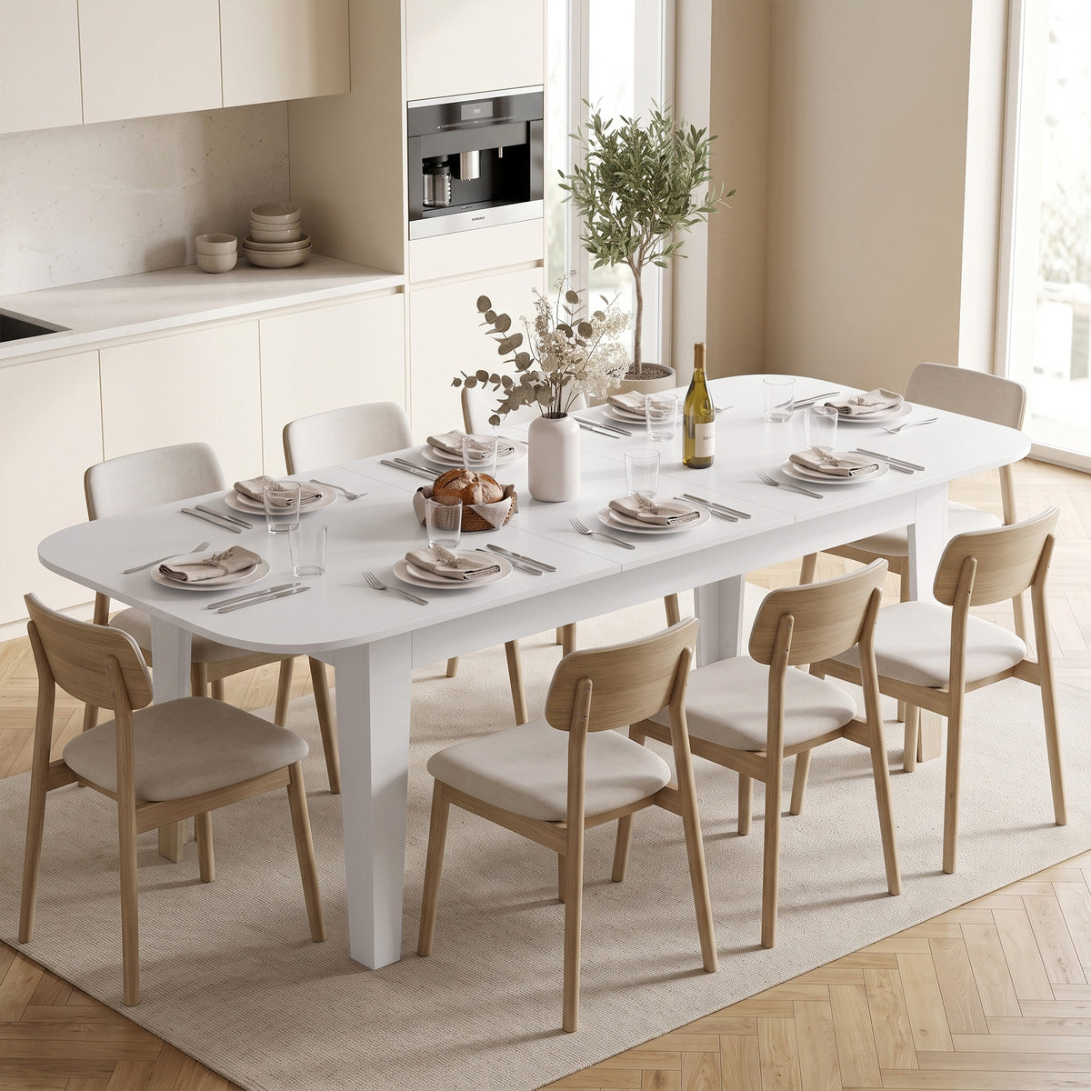 Extendable Oval Dining Table | White | Particleboard Steel | 140-180W x 80D x 75H cm | Seats 4-6 | 100kg | Melamine Top | Rounded Edges | Felt Pads | Steel Guide Rails | Underboard Storage