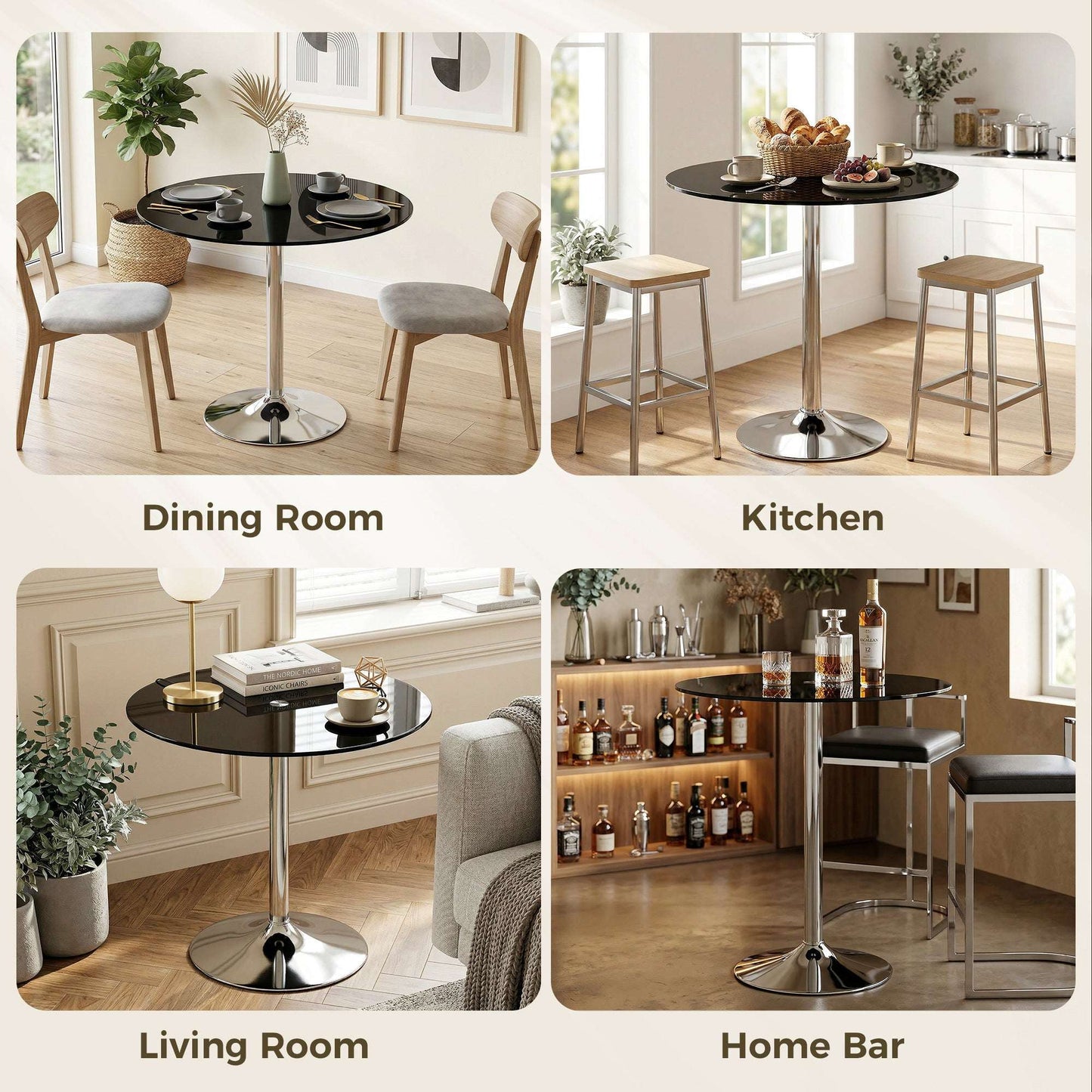Round Bistro Dining Table | 8mm Tempered Glass Top | Steel Frame | Non-Slip Foot | Ø80x77cm | 20kg | Black