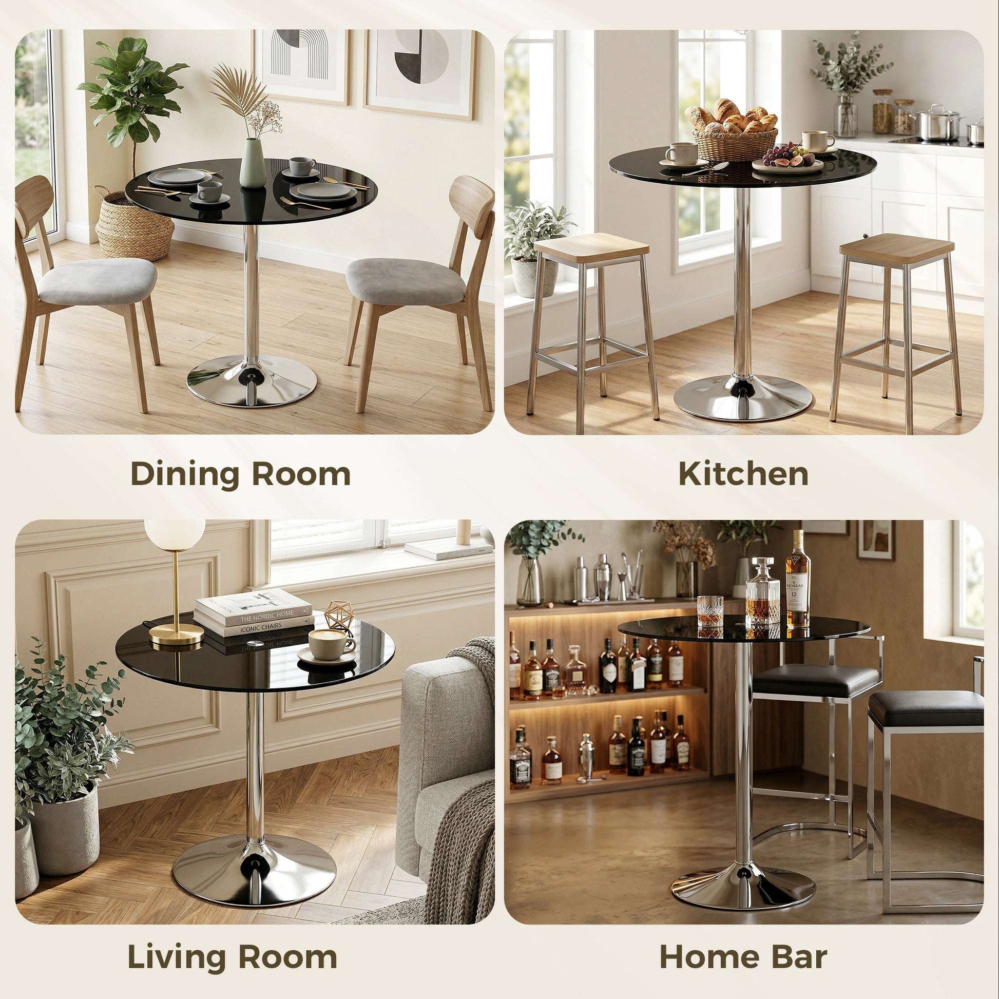 Round Bistro Dining Table | 8mm Tempered Glass Top | Steel Frame | Non-Slip Foot | Ø80x77cm | 20kg | Black
