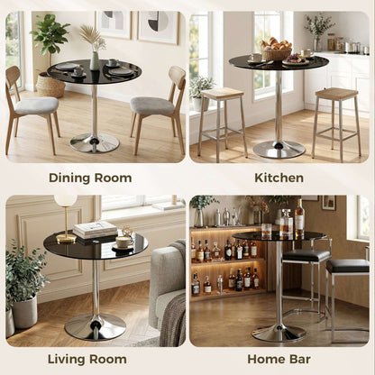 Round Bistro Dining Table | 8mm Tempered Glass Top | Steel Frame | Non-Slip Foot | Ø80x77cm | 20kg | Black