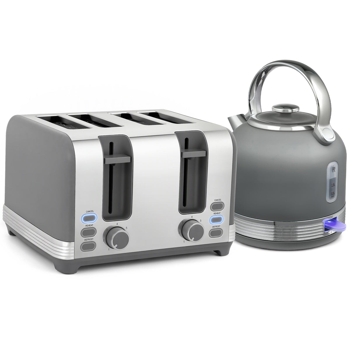 Kettle & Toaster Set | Grey Stainless Steel 1.7L 3000W Fast-Boil Kettle with 4-Slice Toaster