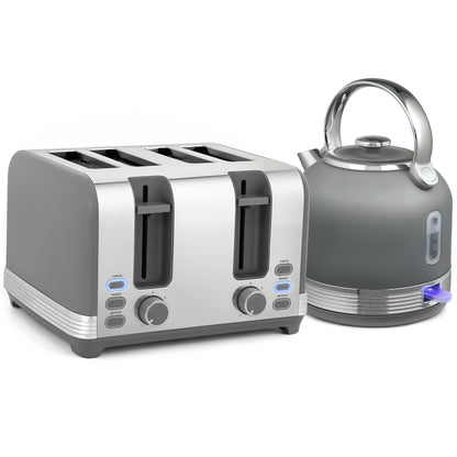 Kettle & Toaster Set | Grey Stainless Steel 1.7L 3000W Fast-Boil Kettle with 4-Slice Toaster