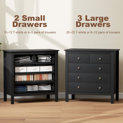 5-Drawer Chest of Drawers | 2 Small & 3 Large Drawers | Round Metal Knobs | Anti-Tip Straps | 70kg | Black