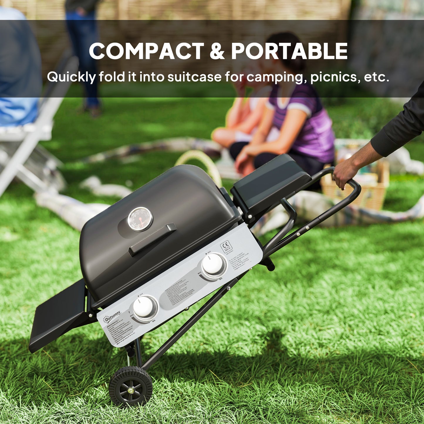 Foldable Gas BBQ with Side Tables, 2 Burner Portable Gas Barbecue Grill with Thermometer Lid Grease Tray Wheels, Folding Trolley for Garden Party