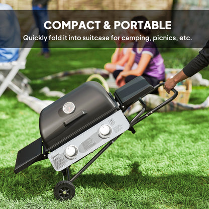 Foldable Gas BBQ with Side Tables, 2 Burner Portable Gas Barbecue Grill with Thermometer Lid Grease Tray Wheels, Folding Trolley for Garden Party