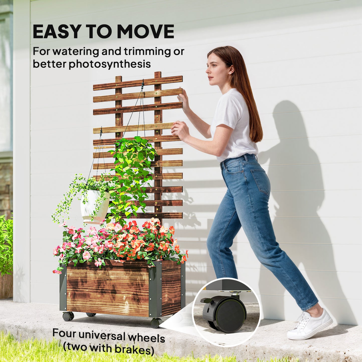 Carbonised Wood Raised Planter with Ladder Trellis | Reinforced Metal Corners | 4 Wheels 2 Lockable | Non-Woven Liner | Drainage Holes | 35kg Capacity | 65x31x147cm | Carbonised