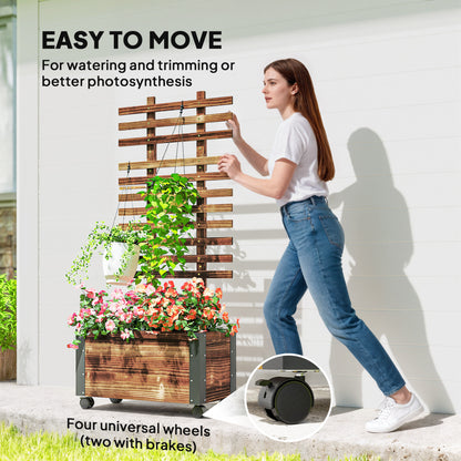 Carbonised Wood Raised Planter with Ladder Trellis | Reinforced Metal Corners | 4 Wheels 2 Lockable | Non-Woven Liner | Drainage Holes | 35kg Capacity | 65x31x147cm | Carbonised