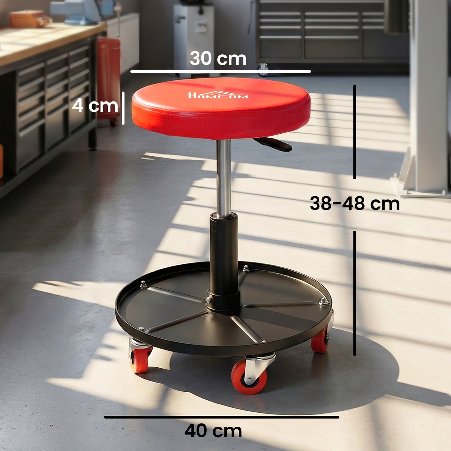 Rolling Mechanical Workshop Stool | Pneumatic Height Adjust | Tool Tray | PU Padded Seat | 110kg | Orange