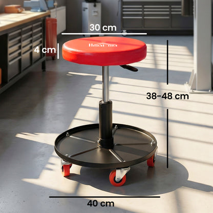 Rolling Mechanical Workshop Stool | Pneumatic Height Adjust | Tool Tray | PU Padded Seat | 110kg | Orange