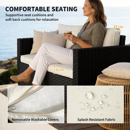 2 Seater Rattan Garden Sofa | 60cm Deep Seat | 8cm Seat & 15cm Back Cushions | Wide Armrests | Powder-Coated Steel Frame | 240kg | 128x68x71cm | Black