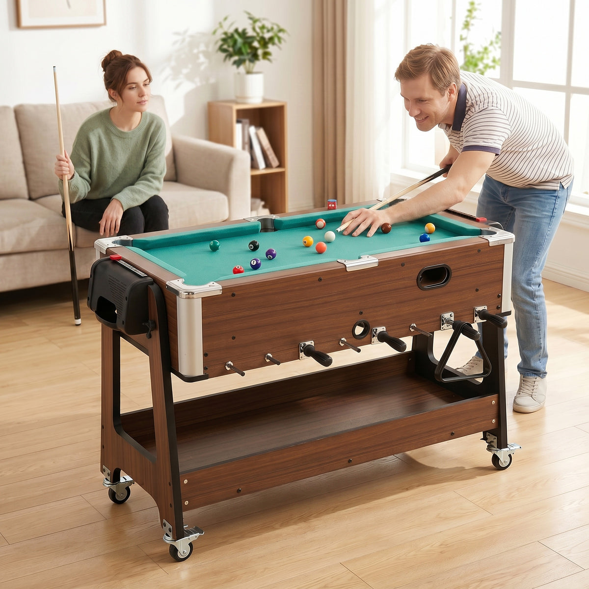 3 in 1 Multi Game Table | Pool | Air Hockey | Football | 3.4ft | Lockable Wheels | Storage Shelf | Walnut Effect