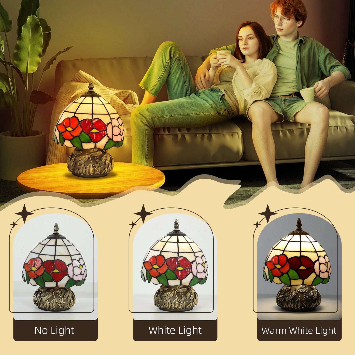 Tiffany-Style Handcrafted Stained Glass Table Lamp | Floral Motif | Sculpted Dragonfly Bronze Resin Base | Rocker Switch | E27 40W Max | 150cm Cable | Φ20x28cm | Multi-Coloured