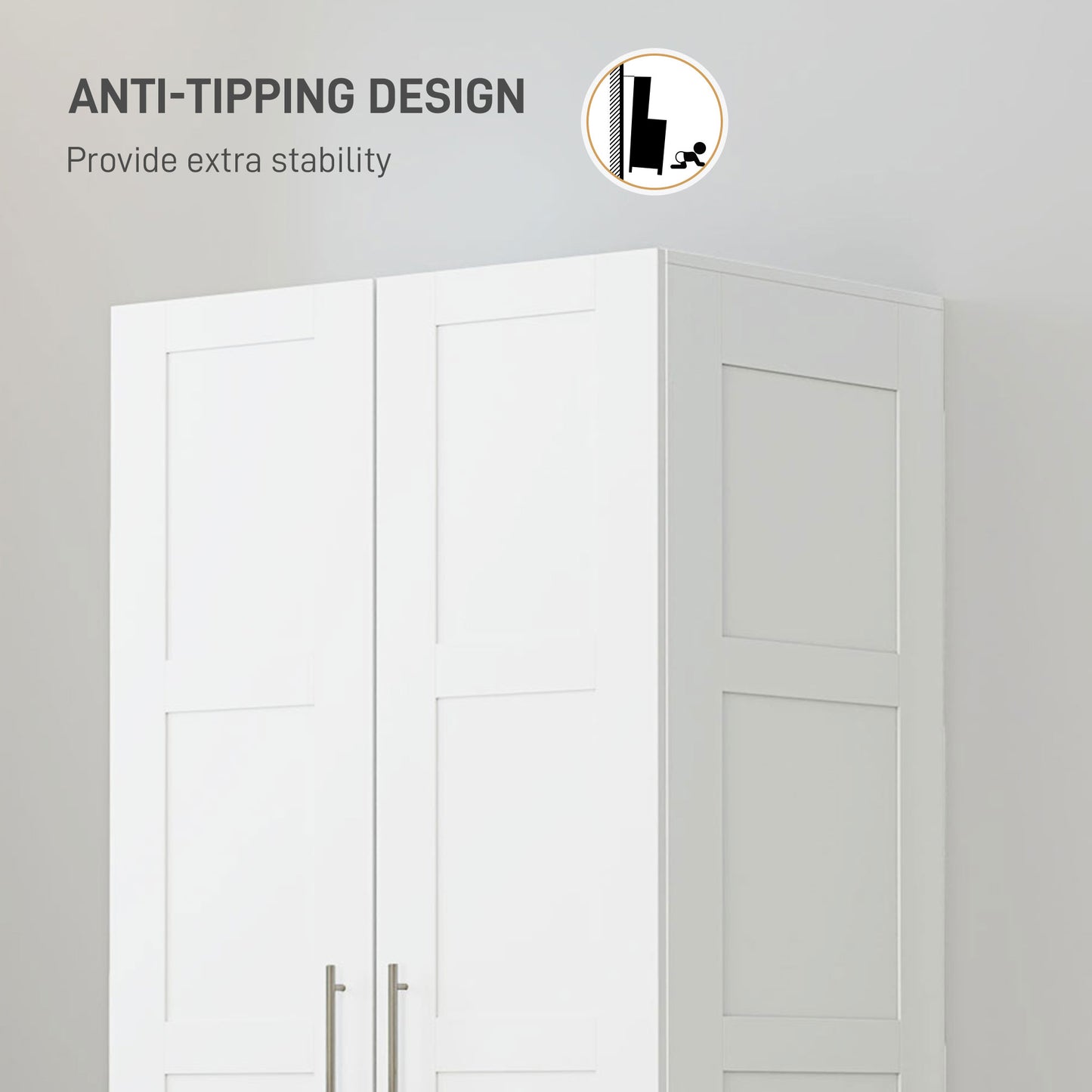 Double Paneled Door Wardrobe, with Shelves - White