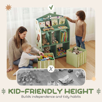 AIYAPLAY Kids Bookshelf with Storage, Toy Storage Unit with Book Display, Shelves and Fabric Drawers for Playroom Nursery, Green