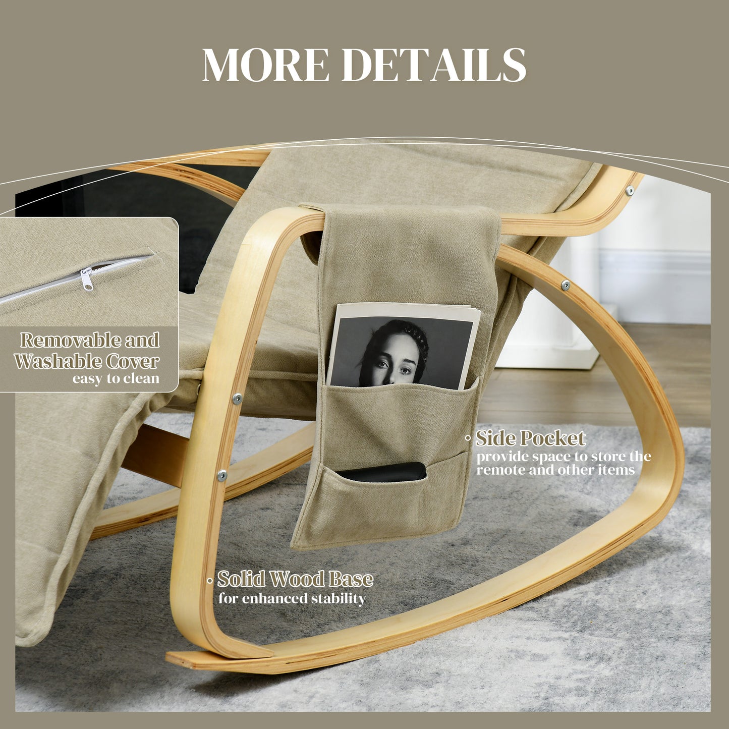 Rocking Lounge Chair Recliner Relaxation Lounging Relaxing Seat with Adjustable Footrest, Side Pocket and Pillow