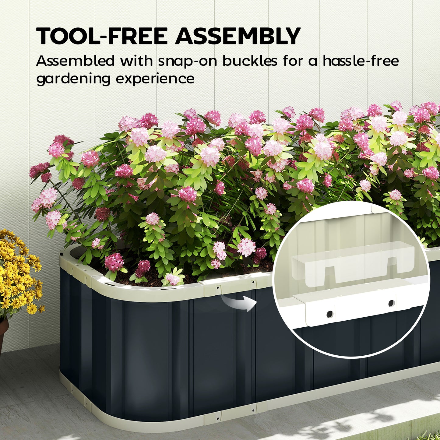 Galvanised Steel Raised Garden Bed | Folded Safety Edges | Snap-On Tool-Free Assembly | Powder-Coated Rust-Resistant | Open Bottom | 165x52x31cm | Herbs Flowers & Veg | Dark Grey