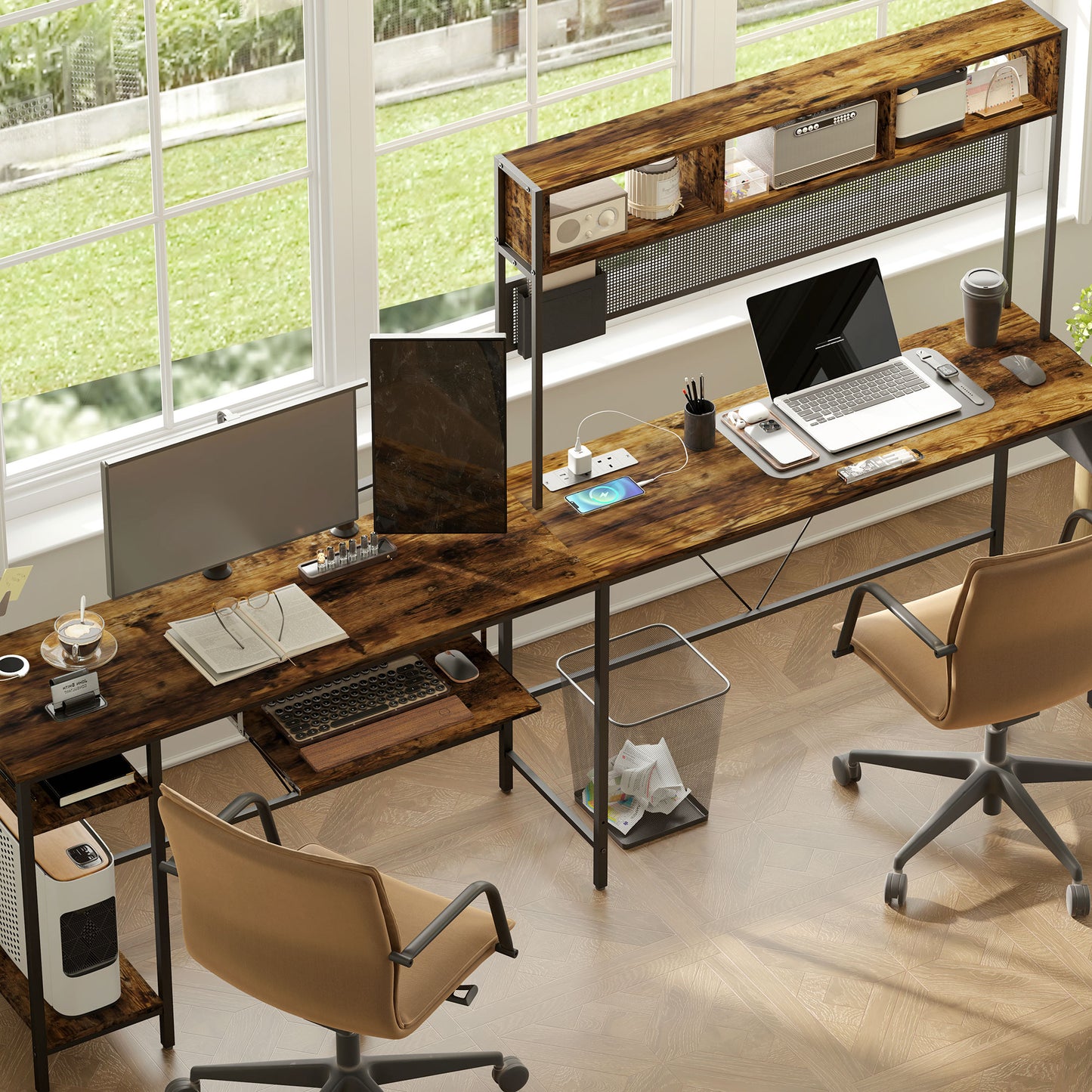 160cm Reversible L Shaped Desk with Power Outlet, Industrial Corner Desk with Storage Shelves and Keyboard Tray, 240cm Long For 2 Person