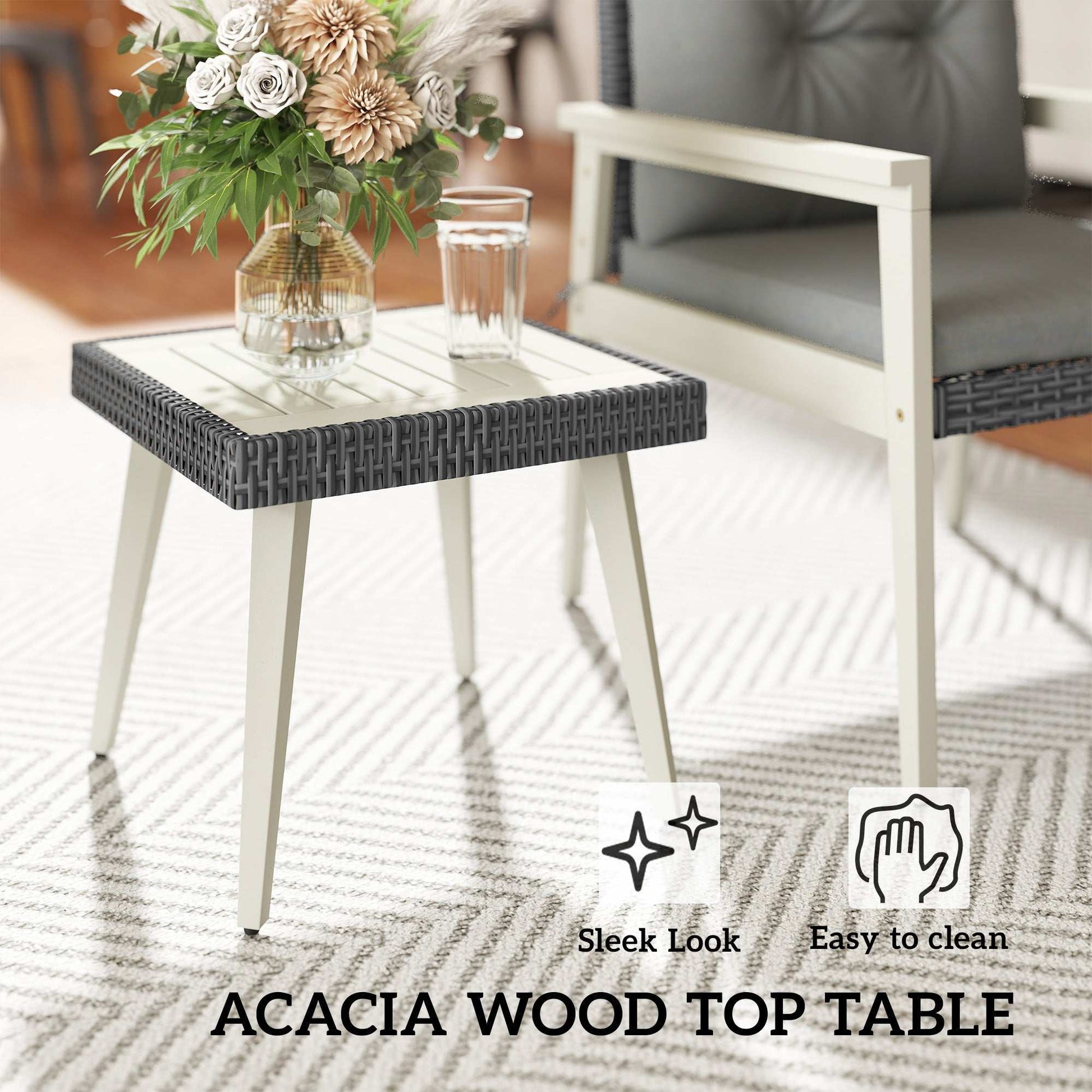 5 Pieces Rattan Garden Furniture Patio Set with Cushions, Acacia Wood Top Coffee Table and Footstools, Outdoor Table and Chairs for Balcony