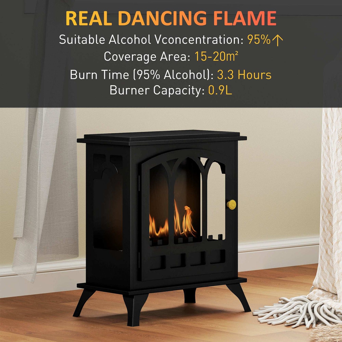 Ethanol Fireplace Stove, Freestanding Bioethanol Fire, Indoor Ethanol Burner with 0.9 Litres Volume, Burns for Up to 3.3 Hours, 21 Inch, Black