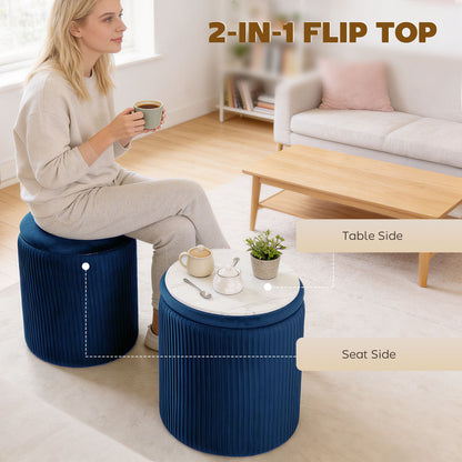 Storage Ottoman Modern Velvet Round Foot Stool for Living Room Bedroom 45 cm Blue