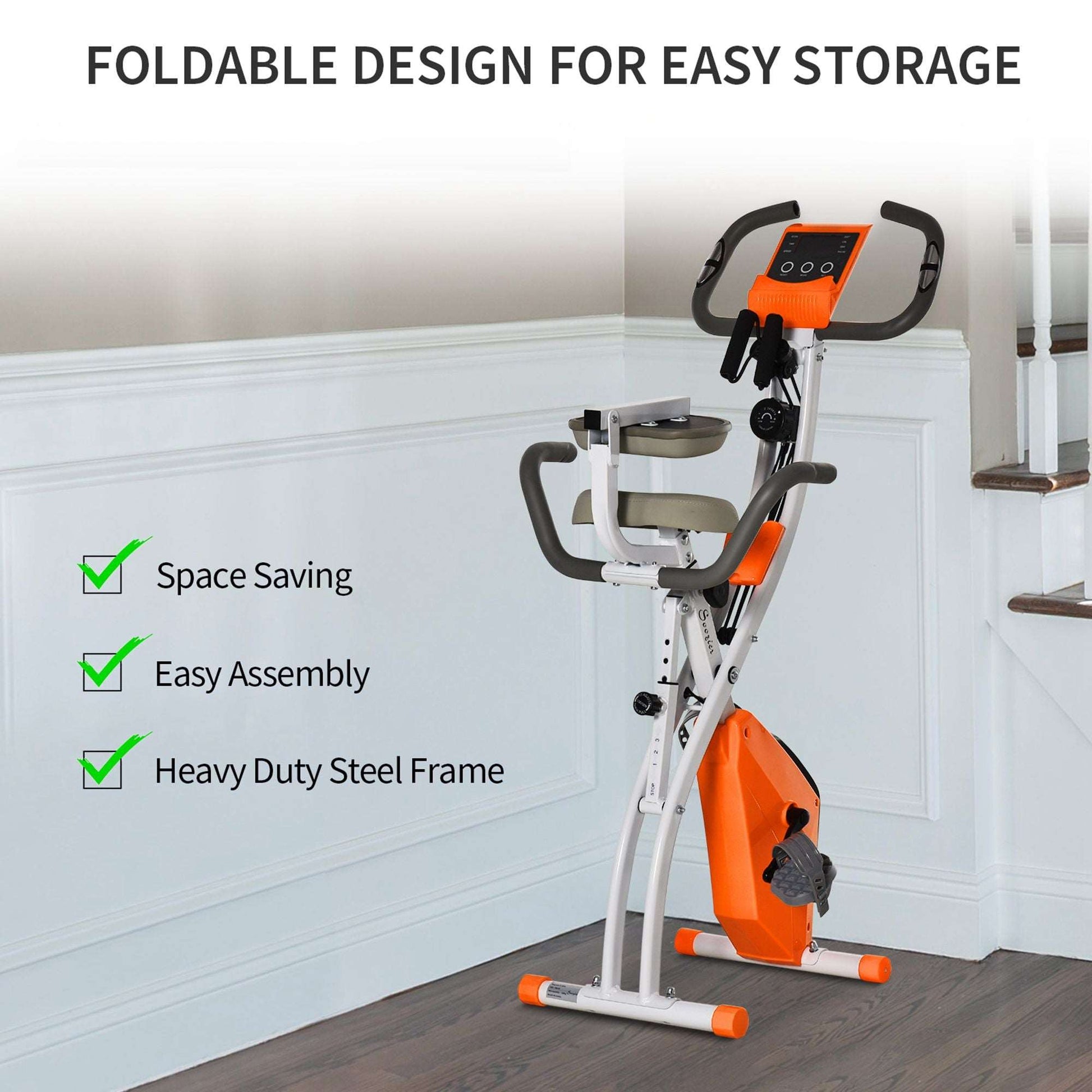 2-in-1 Upright  Exercise Bike Stationary Foldable Magnetic Recumbent Cycling with Arm Resistance Bands Orange