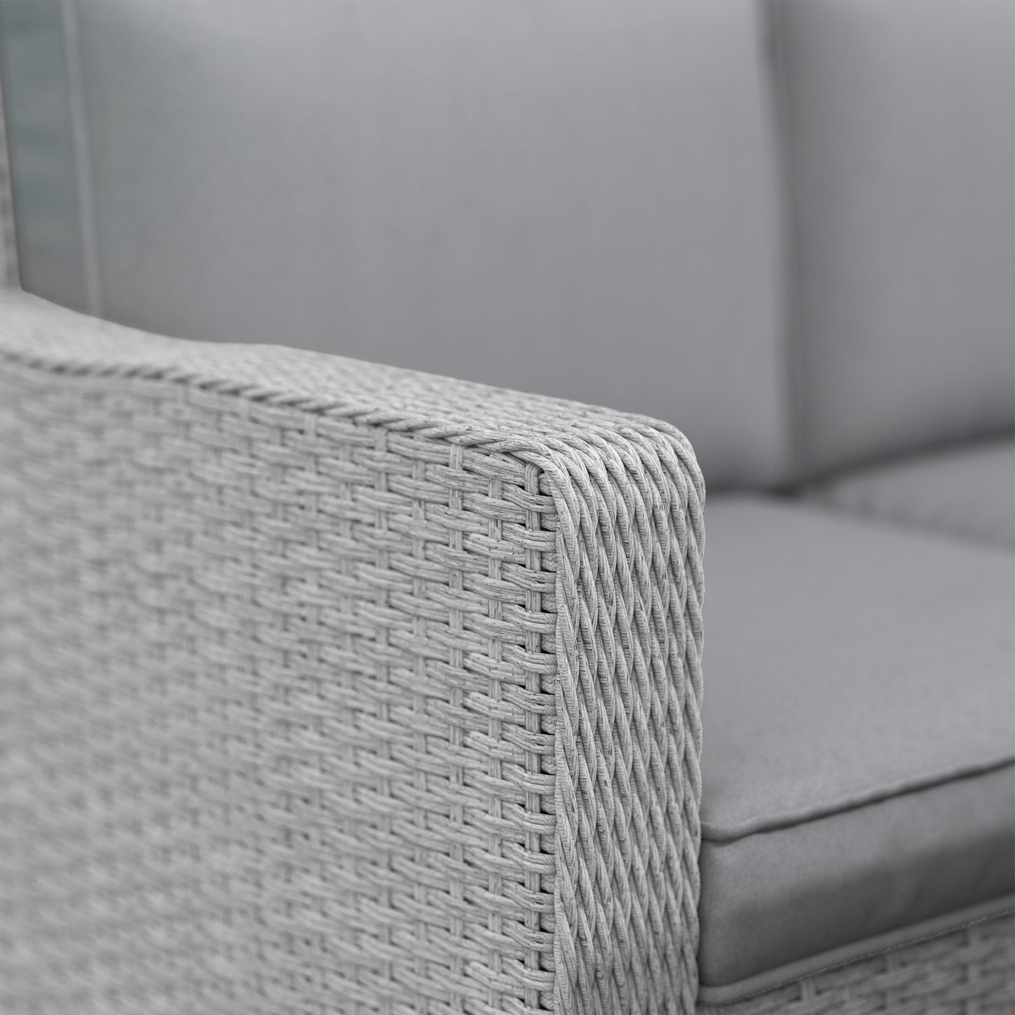 7 Piece PE Rattan 6 Seater Garden Furniture Set, 50,000 BTU Gas Fire Pit Table, Double Corner Sofa and 3 Footstools, for Conservatory, Grey