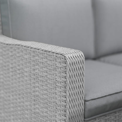 7 Piece PE Rattan 6 Seater Garden Furniture Set, 50,000 BTU Gas Fire Pit Table, Double Corner Sofa and 3 Footstools, for Conservatory, Grey