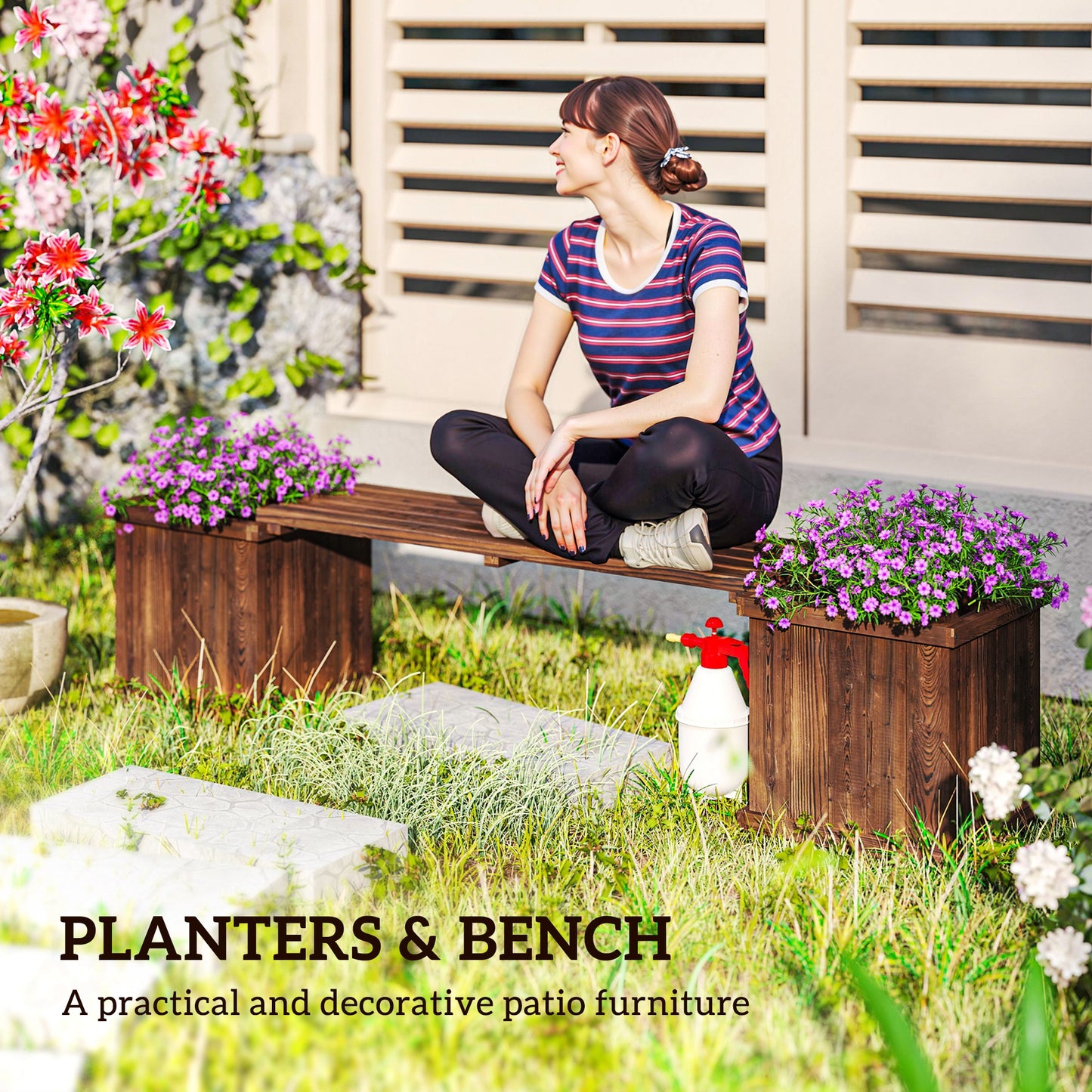 2-in-1 Wooden Garden Planter & Bench | Raised Beds Both Ends | Drainage Holes | Non-Woven Lining | 110kg Bench | 25kg Planters | Water-Based Varnish | 176x38x40cm | Carbonised Finish