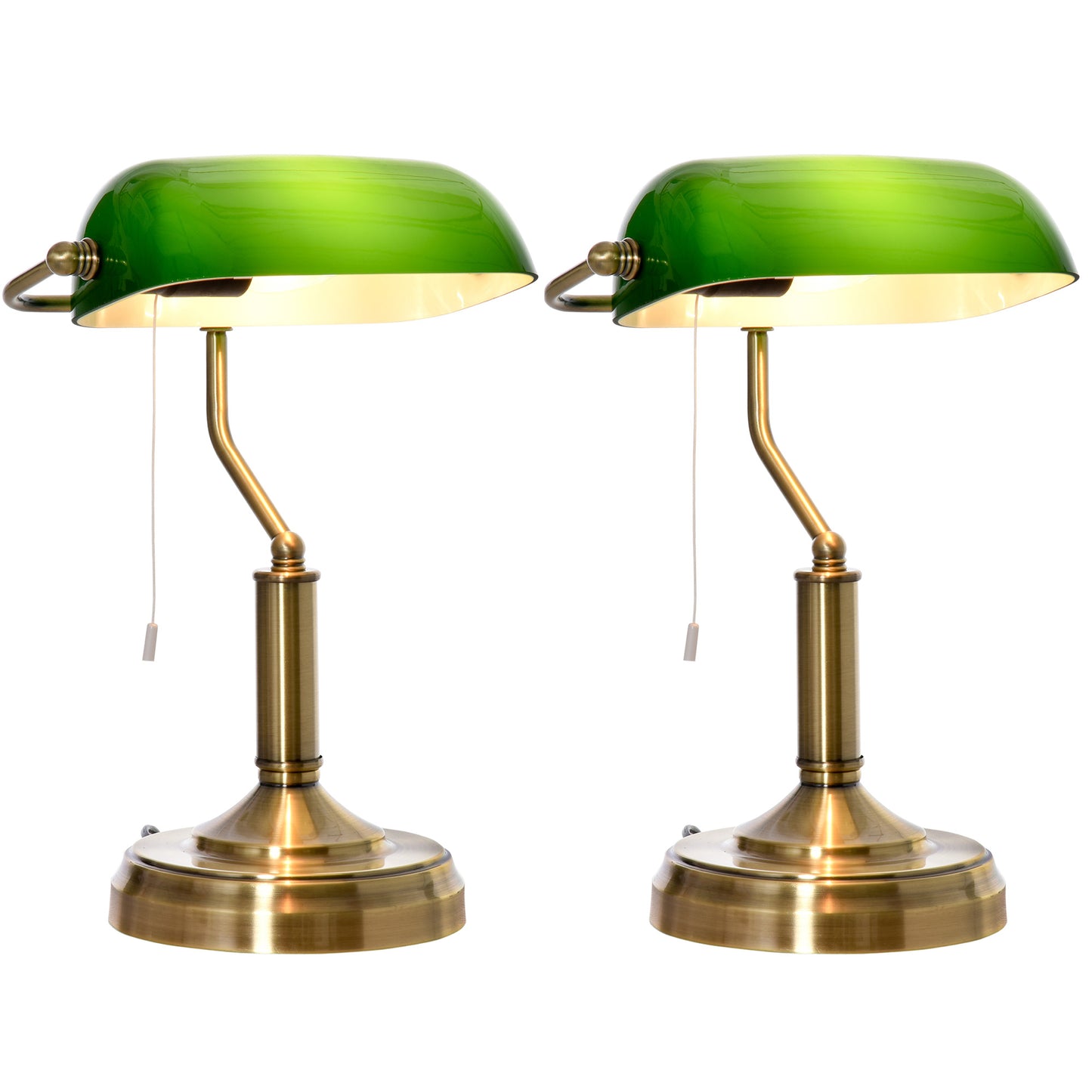Set of 2 Banker's Desk Lamps | Green Glass Shade | Antique Brass Base | Pull Rope Switch