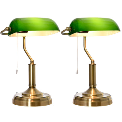 Set of 2 Banker's Desk Lamps | Green Glass Shade | Antique Brass Base | Pull Rope Switch