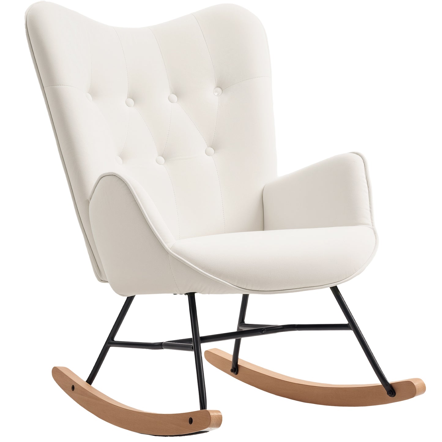 Rocking Chair, Modern Upholstered Velvet Armchair with Solid Wood Legs and Metal Frame, Cream