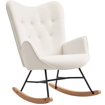Rocking Chair, Modern Upholstered Velvet Armchair with Solid Wood Legs and Metal Frame, Cream