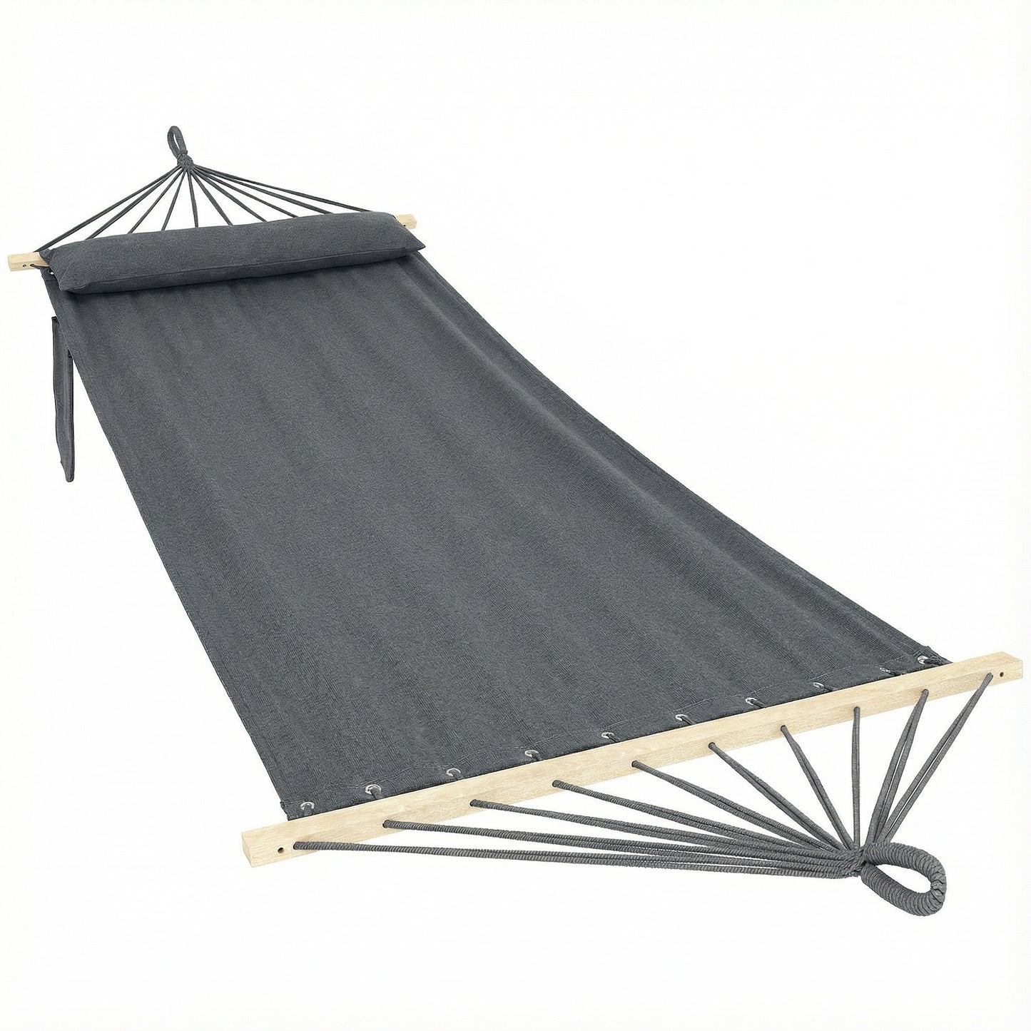 Cotton Hammock | 270x80cm | Headrest | Side Pocket | Hardwood Spreader Bar | Hanging Straps | Portable & Foldable | 120kg | Dark Grey